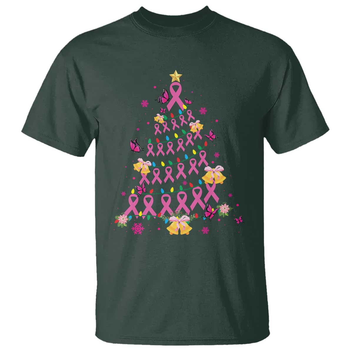 Christmas Breast Cancer T Shirt Pink Ribbon Xmas Tree TS09 Dark Forest Green Print Your Wear