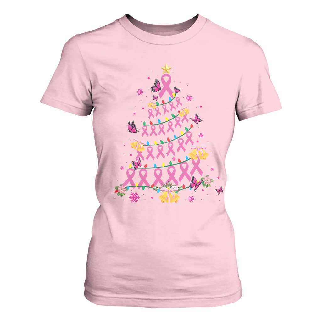 Christmas Breast Cancer T Shirt For Women Pink Ribbon Xmas Tree TS09 Light Pink Print Your Wear