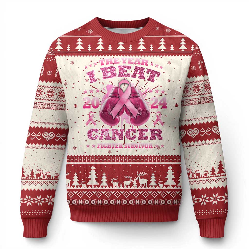 The Year I Beat Cancer Boxing Gloves Fighter Survivor Ugly Christmas Sweater TS09 Red Print Your Wear