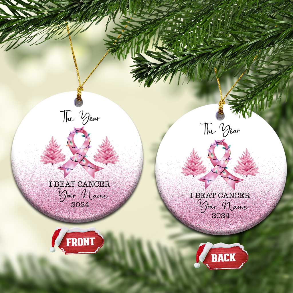 Personalize Christmas Breast Cancer Christmas Ornament Custom Name The Year I Beat Cancer TS09 Circle White Print Your Wear