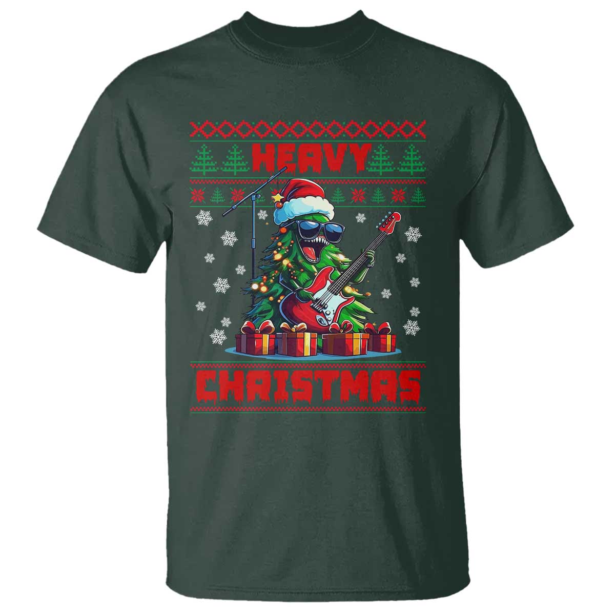 Funny Heavy Christmas Rock Band Guitarist T Shirt TS09 Dark Forest Green Print Your Wear