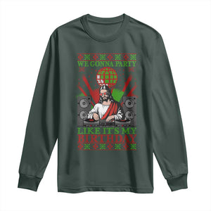 Funny Christmas Party DJ Jesus Long Sleeve Shirt We Gonna Party Like It's My Birthday TS09 Dark Forest Green Print Your Wear