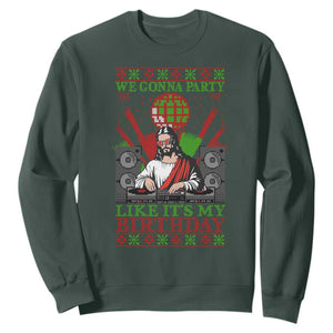 Funny Christmas Party DJ Jesus Sweatshirt We Gonna Party Like It's My Birthday TS09 Dark Forest Green Print Your Wear