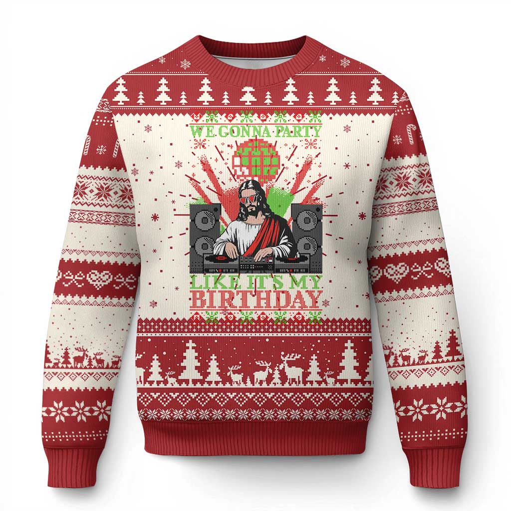 Funny Christmas Party DJ Jesus Ugly Christmas Sweater We Gonna Party Like It's My Birthday TS09 Red Print Your Wear