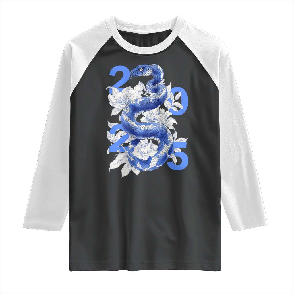 Year Of The Snake 2025 Raglan Shirt Chinese New Year Blue Snake TS09 Black White Print Your Wear