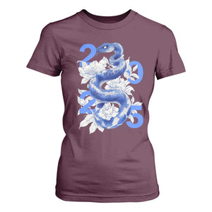 Year Of The Snake 2025 T Shirt For Women Chinese New Year Blue Snake TS09 Maroon Print Your Wear