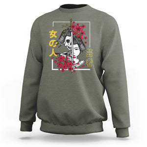 Japanese Samurai Sweatshirt Floral Warrior Geisha Woman Tokyo Anime TS09 Military Green Printyourwear