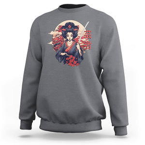 Japanese Samurai Sweatshirt Floral Warrior Geisha Woman Tokyo Anime TS09 Charcoal Printyourwear