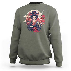 Japanese Samurai Sweatshirt Floral Warrior Geisha Woman Tokyo Anime TS09 Military Green Printyourwear