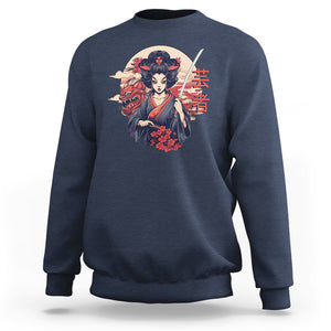 Japanese Samurai Sweatshirt Floral Warrior Geisha Woman Tokyo Anime TS09 Navy Printyourwear