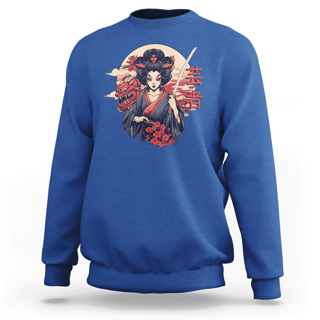Japanese Samurai Sweatshirt Floral Warrior Geisha Woman Tokyo Anime TS09 Royal Blue Printyourwear