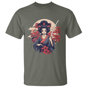 Japanese Samurai T Shirt Floral Warrior Geisha Woman Tokyo Anime TS09 Military Green Printyourwear