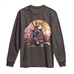 Japanese Samurai Cat Long Sleeve Shirt Floral Warrior Geisha Woman Tokyo Anime TS09 Dark Chocolate Print Your Wear