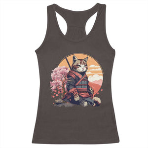 Japanese Samurai Cat Racerback Tank Top Floral Warrior Geisha Woman Tokyo Anime TS09 Dark Chocolate Print Your Wear