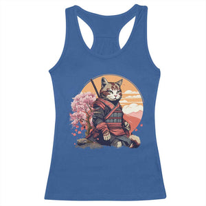 Japanese Samurai Cat Racerback Tank Top Floral Warrior Geisha Woman Tokyo Anime TS09 Royal Blue Print Your Wear