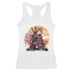 Japanese Samurai Cat Racerback Tank Top Floral Warrior Geisha Woman Tokyo Anime TS09 White Print Your Wear