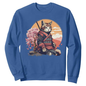 Japanese Samurai Cat Sweatshirt Floral Warrior Geisha Woman Tokyo Anime TS09 Royal Blue Print Your Wear