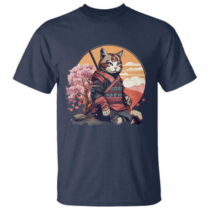 Japanese Samurai Cat T Shirt Floral Warrior Geisha Woman Tokyo Anime TS09 Navy Print Your Wear