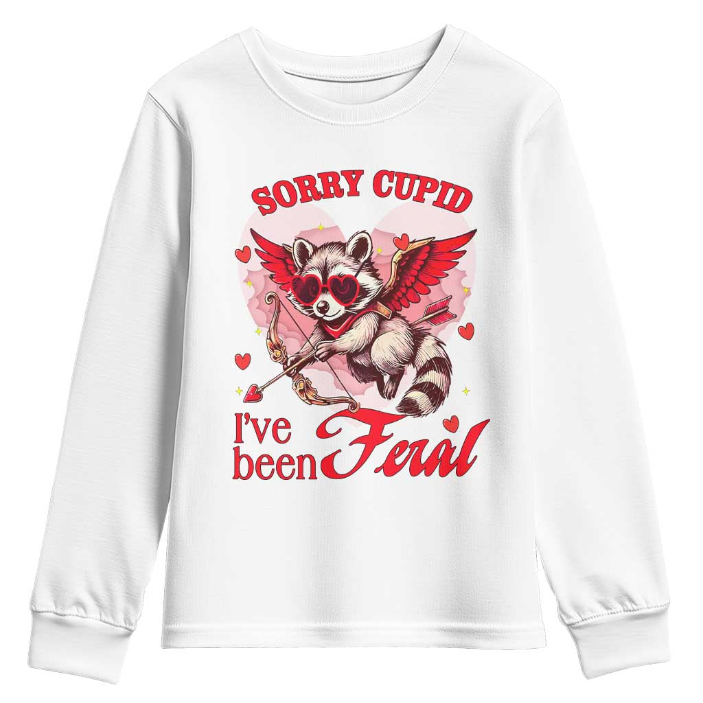 Funny Valentine's Day Youth Sweatshirt Sorry Cupid I've Been Feral Raccoon TS09 White Print Your Wear