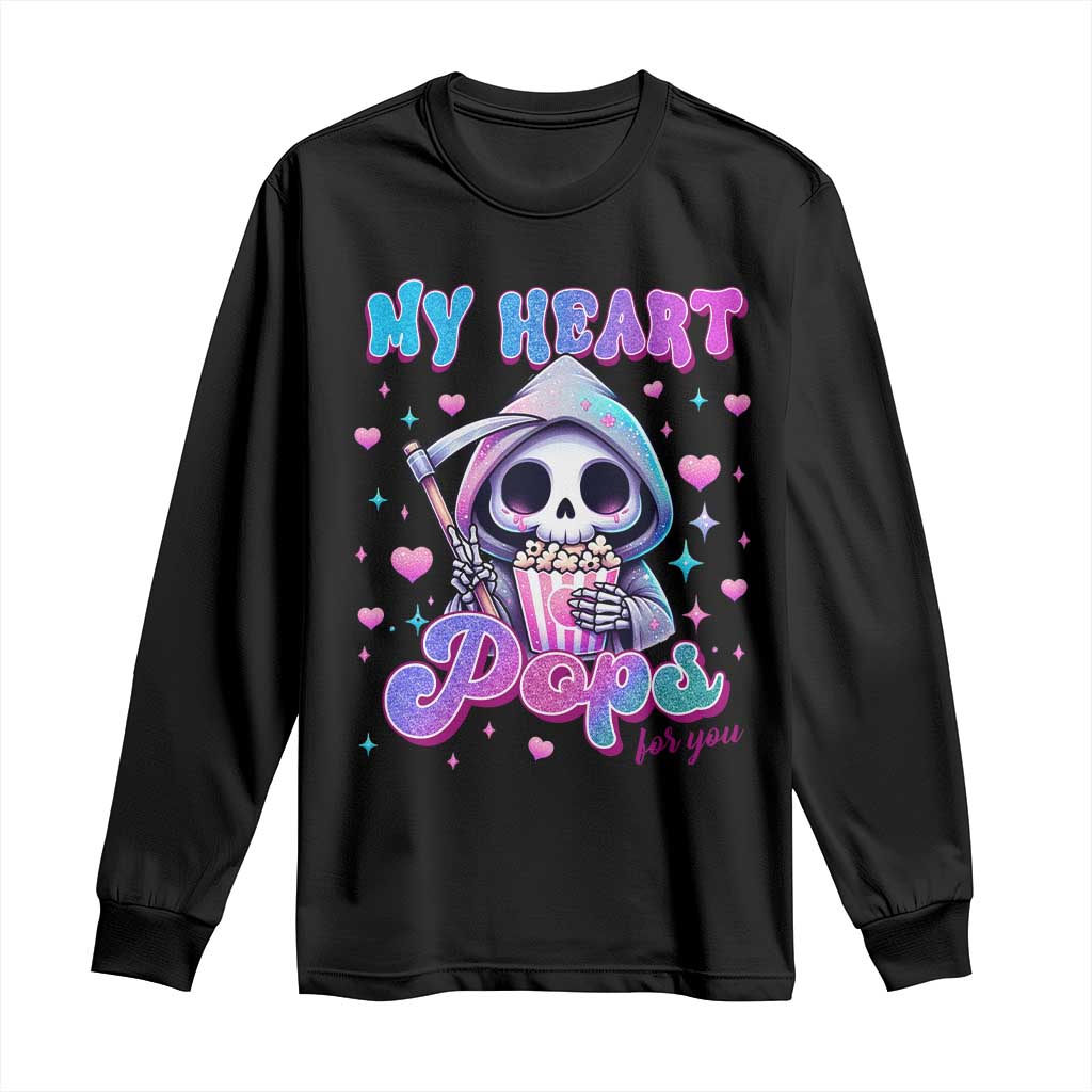 Funny Valentine's Day Long Sleeve Shirt My Heart Pops For You Cute Death Grim Popcorn TS09 Black Print Your Wear