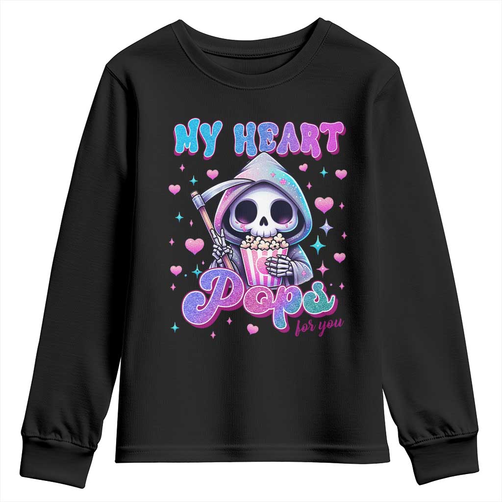 Funny Valentine's Day Youth Sweatshirt My Heart Pops For You Cute Death Grim Popcorn TS09 Black Print Your Wear