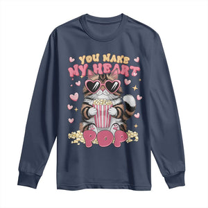 Funny Valentine's Day Long Sleeve Shirt You Make My Heart Pop Cute Cat Popcorn TS09 Navy Print Your Wear