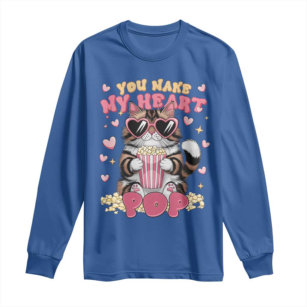 Funny Valentine's Day Long Sleeve Shirt You Make My Heart Pop Cute Cat Popcorn TS09 Royal Blue Print Your Wear