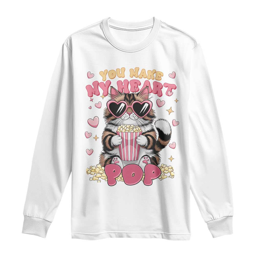 Funny Valentine's Day Long Sleeve Shirt You Make My Heart Pop Cute Cat Popcorn TS09 White Print Your Wear