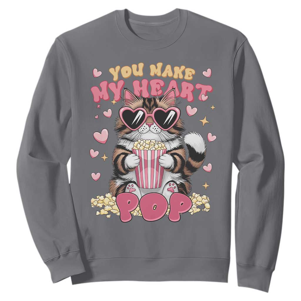 Funny Valentine's Day Sweatshirt You Make My Heart Pop Cute Cat Popcorn TS09 Charcoal Print Your Wear