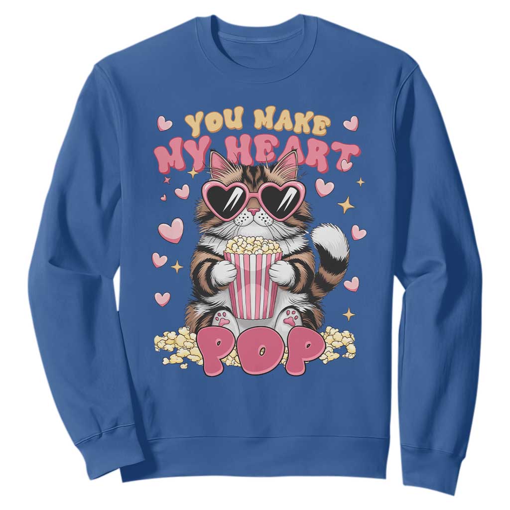 Funny Valentine's Day Sweatshirt You Make My Heart Pop Cute Cat Popcorn TS09 Royal Blue Print Your Wear