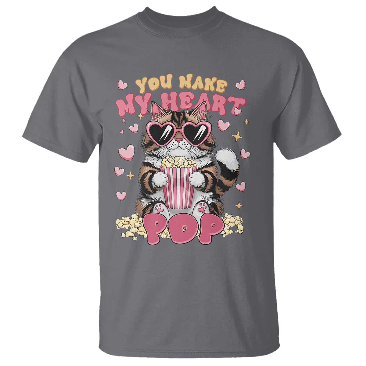 Funny Valentine's Day T Shirt You Make My Heart Pop Cute Cat Popcorn TS09 Charcoal Print Your Wear