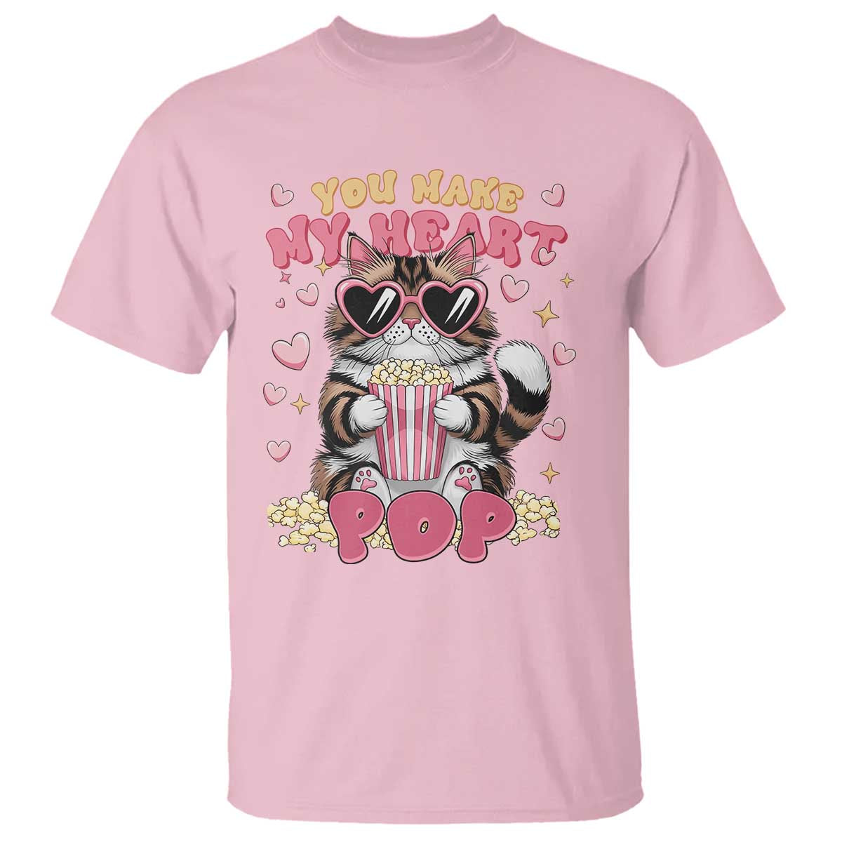 Funny Valentine's Day T Shirt You Make My Heart Pop Cute Cat Popcorn TS09 Light Pink Print Your Wear