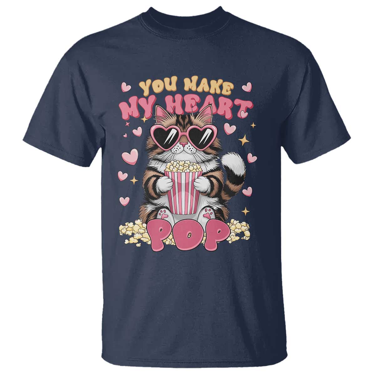 Funny Valentine's Day T Shirt You Make My Heart Pop Cute Cat Popcorn TS09 Navy Print Your Wear