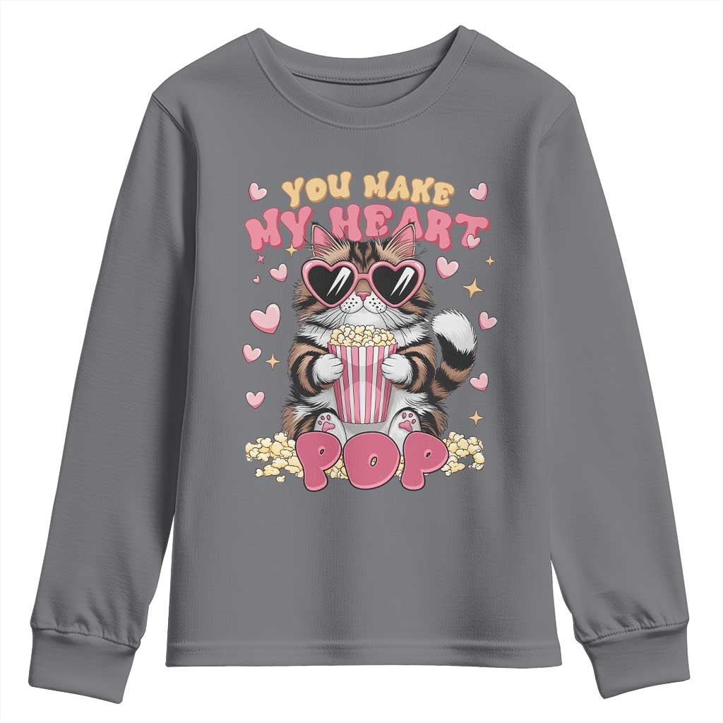 Funny Valentine's Day Youth Sweatshirt You Make My Heart Pop Cute Cat Popcorn TS09 Charcoal Print Your Wear