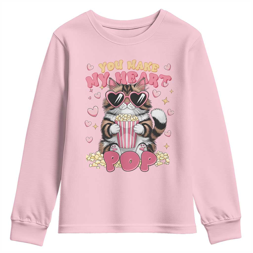 Funny Valentine's Day Youth Sweatshirt You Make My Heart Pop Cute Cat Popcorn TS09 Light Pink Print Your Wear