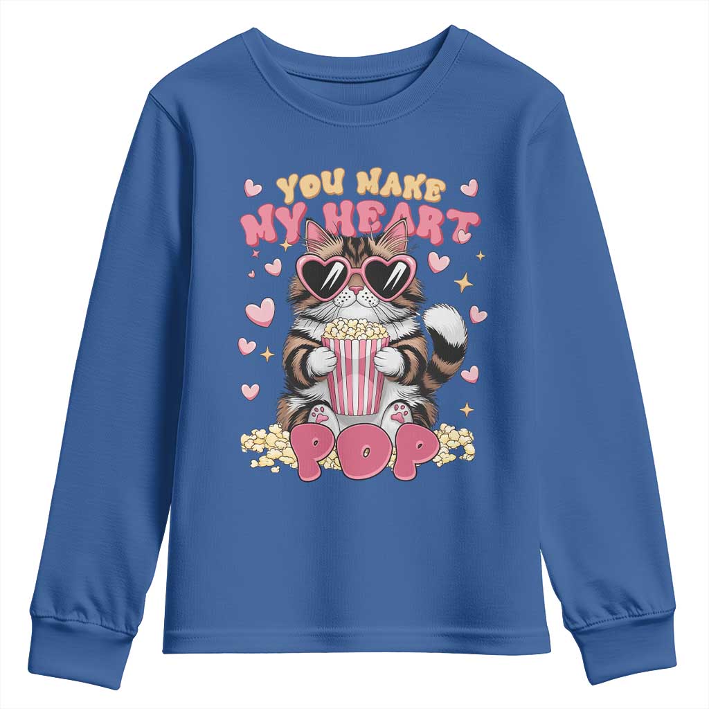 Funny Valentine's Day Youth Sweatshirt You Make My Heart Pop Cute Cat Popcorn TS09 Royal Blue Print Your Wear