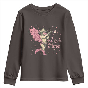 Funny Valentine's Day Youth Sweatshirt It's Love Time Cowboy Cupid TS09 Dark Chocolate Print Your Wear