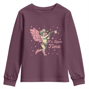 Funny Valentine's Day Youth Sweatshirt It's Love Time Cowboy Cupid TS09 Maroon Print Your Wear