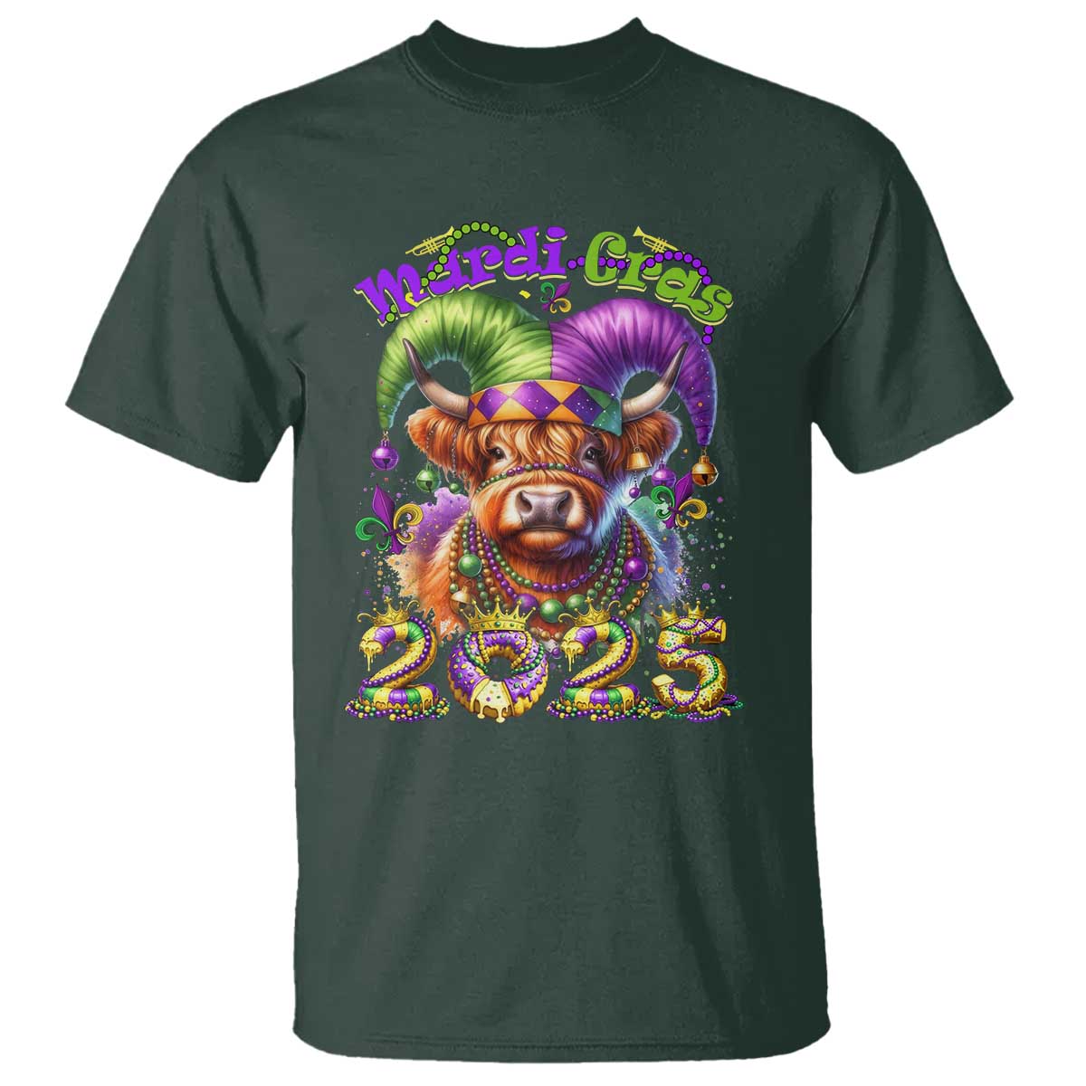 Mardi Gras 2025 T Shirt Cow Jester Outfit TS09 Dark Forest Green Print Your Wear