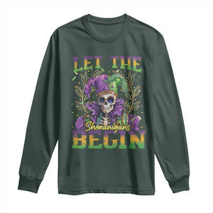 Mardi Gras Long Sleeve Shirt Let The Shenanigans Begin Skeleton Jester Costume TS09 Dark Forest Green Print Your Wear