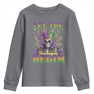 Mardi Gras Youth Sweatshirt Let The Shenanigans Begin Skeleton Jester Costume TS09 Charcoal Print Your Wear