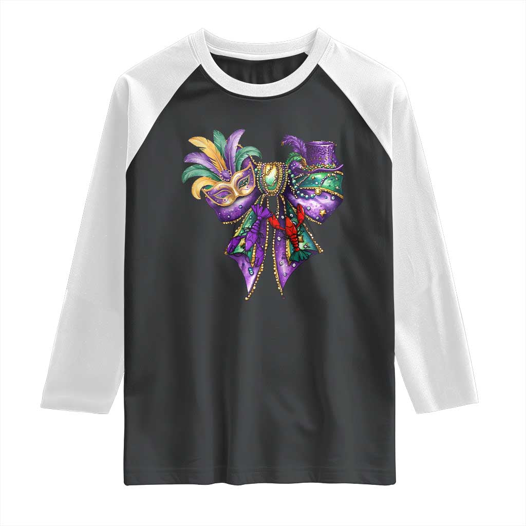 Coquette Bow Mardi Gras Raglan Shirt New Orleans Carnival Beads Mask Crawfish TS09 Black White Print Your Wear