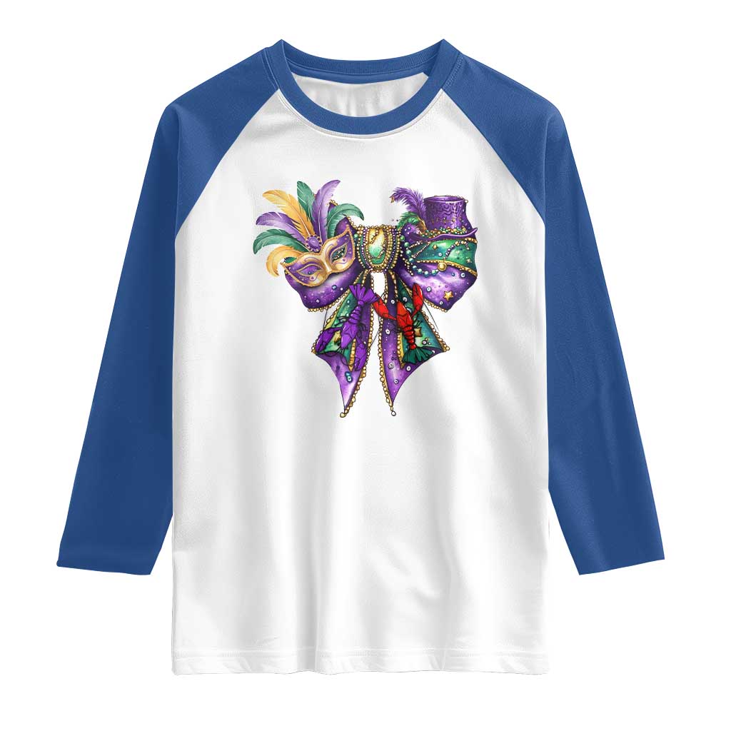 Coquette Bow Mardi Gras Raglan Shirt New Orleans Carnival Beads Mask Crawfish TS09 White Royal Print Your Wear