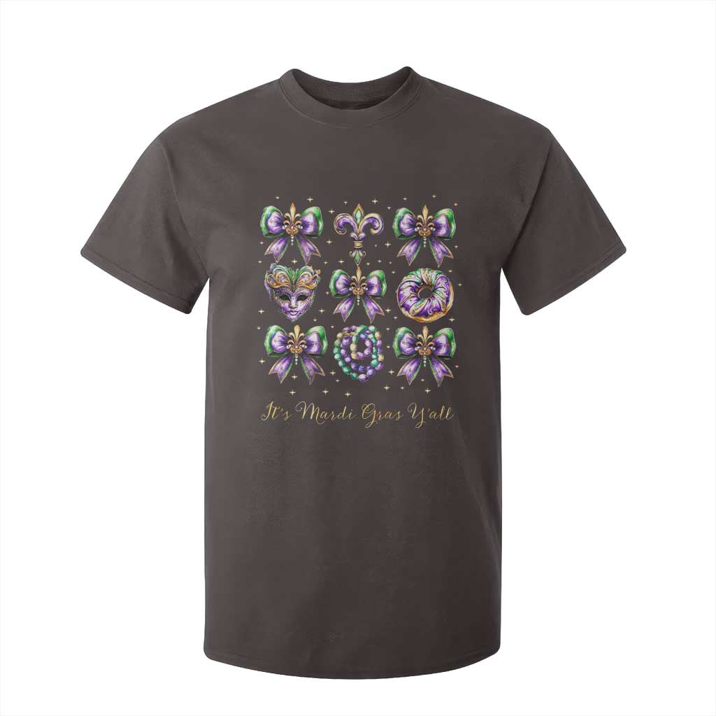 Coquette Bow Mardi Gras T Shirt For Kid It's Mardi Gras Y'all Fleur De Lis Mask TS09 Dark Chocolate Print Your Wear
