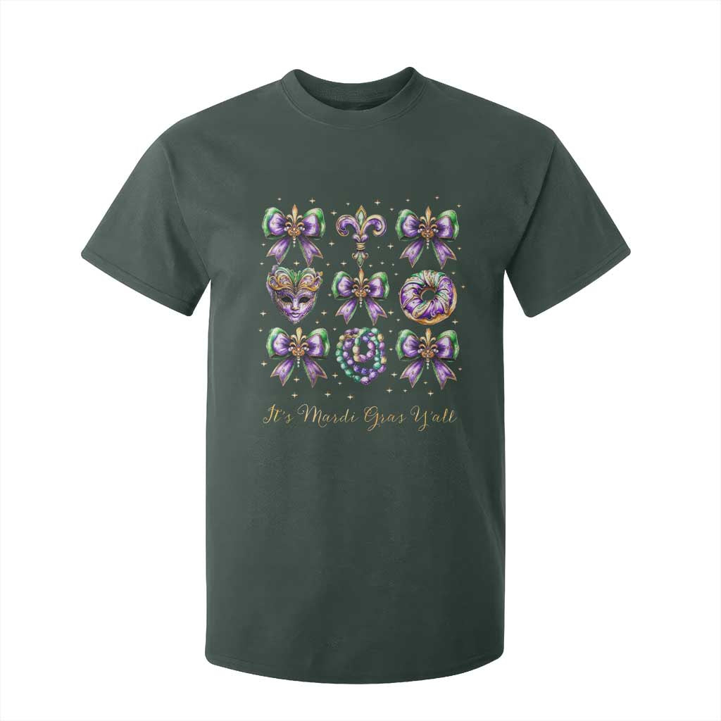 Coquette Bow Mardi Gras T Shirt For Kid It's Mardi Gras Y'all Fleur De Lis Mask TS09 Dark Forest Green Print Your Wear