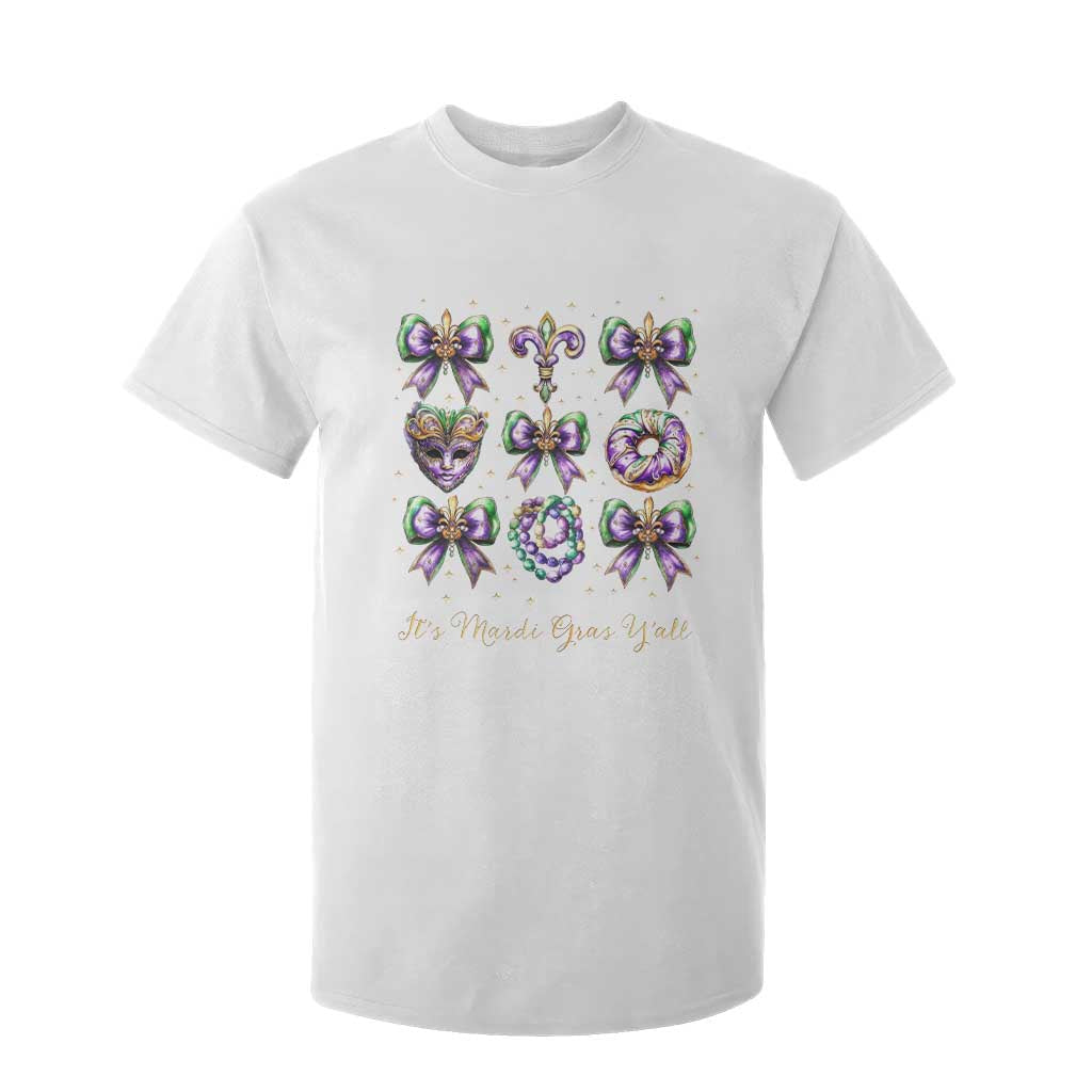 Coquette Bow Mardi Gras T Shirt For Kid It's Mardi Gras Y'all Fleur De Lis Mask TS09 White Print Your Wear
