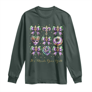 Coquette Bow Mardi Gras Long Sleeve Shirt It's Mardi Gras Y'all Fleur De Lis Mask TS09 Dark Forest Green Print Your Wear