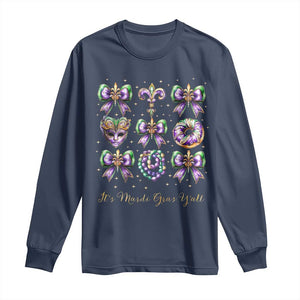 Coquette Bow Mardi Gras Long Sleeve Shirt It's Mardi Gras Y'all Fleur De Lis Mask TS09 Navy Print Your Wear