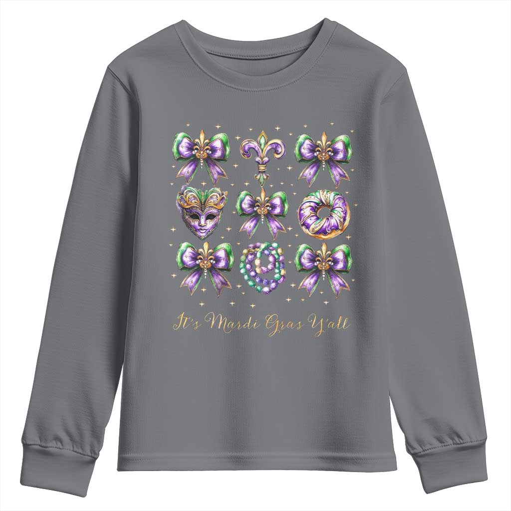 Coquette Bow Mardi Gras Youth Sweatshirt It's Mardi Gras Y'all Fleur De Lis Mask TS09 Charcoal Print Your Wear