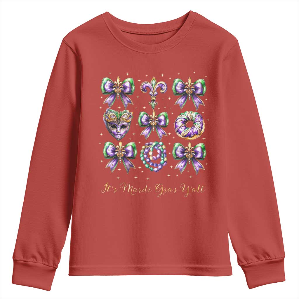 Coquette Bow Mardi Gras Youth Sweatshirt It's Mardi Gras Y'all Fleur De Lis Mask TS09 Red Print Your Wear